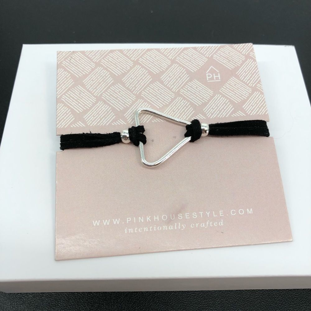 Silver Triangle on Black Suede Cord Pull Bracelet